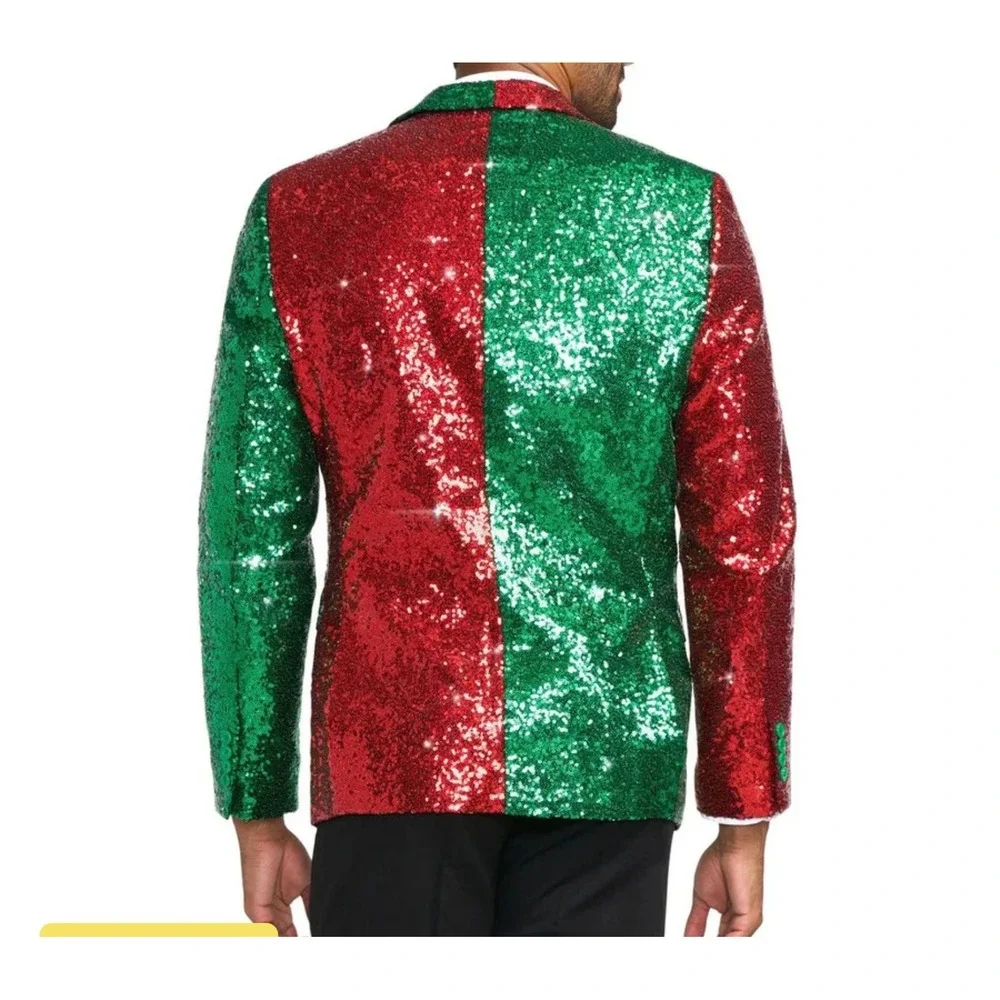 Mens Red Green Sequin Holiday Blazer Christmas Party Sport Coat Two Tone Jacket